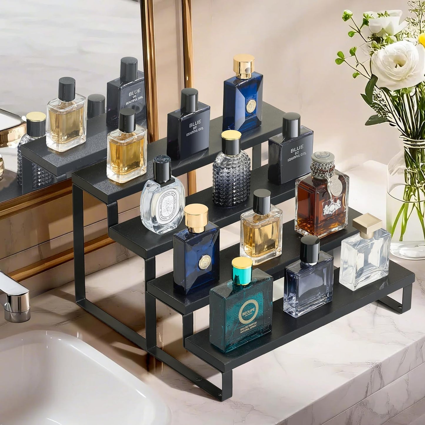 Wood Cologne Organizer for Men,12 Inch 4 Tier Cologne Stand Waterproof Perfume Organizer for Dresser with Anti-Slip Washers,Wooden Display Risers Stand for Party,Makeup,Figures,Cupcake,Perfume,Dessert