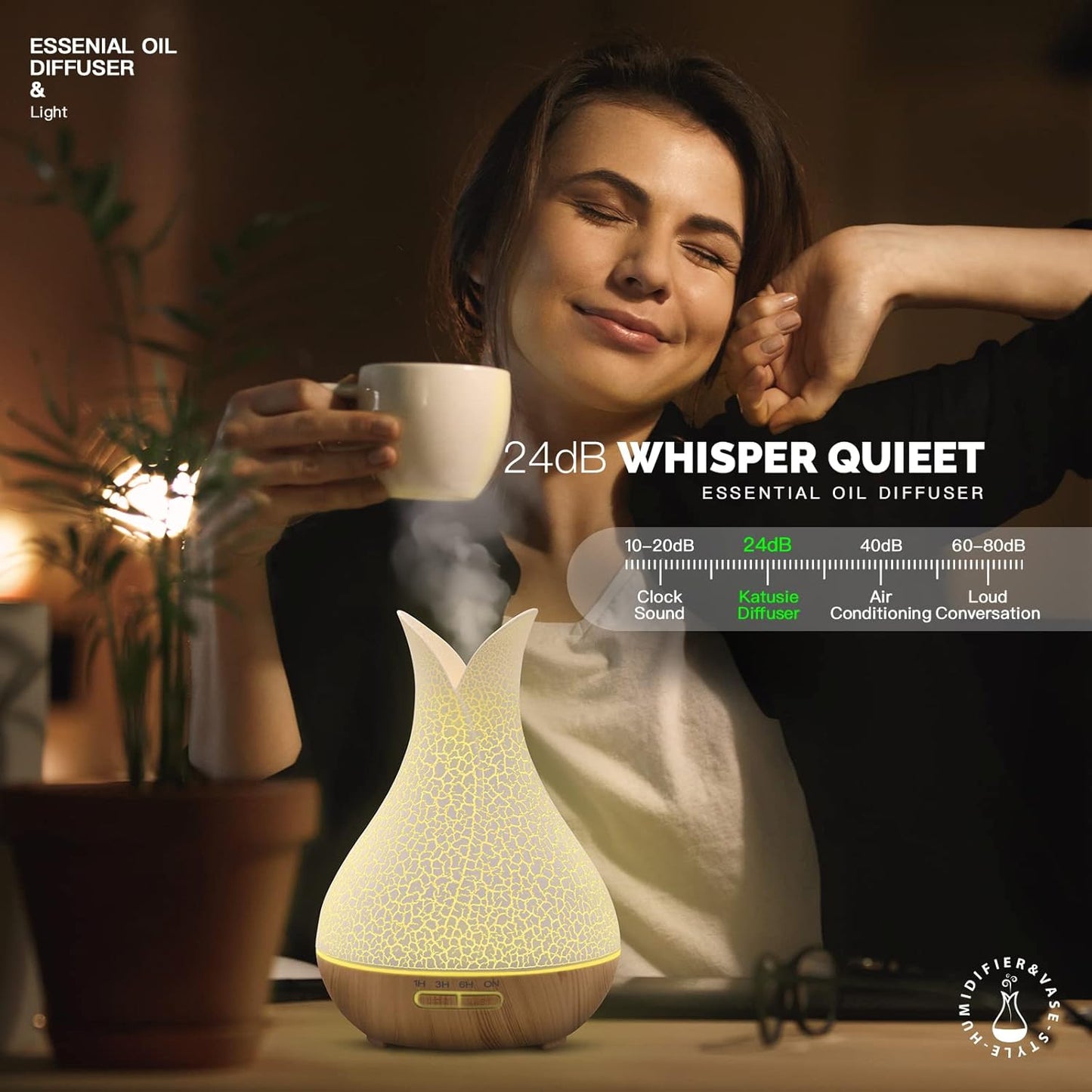Essential Oil Diffuser for Room: Ultrasonic Aromatherapy Diffuser, 7 LED Light Colors 4 Timer and Auto-Off Switch - Essential Oil Diffusers for Home Bedroom(White)