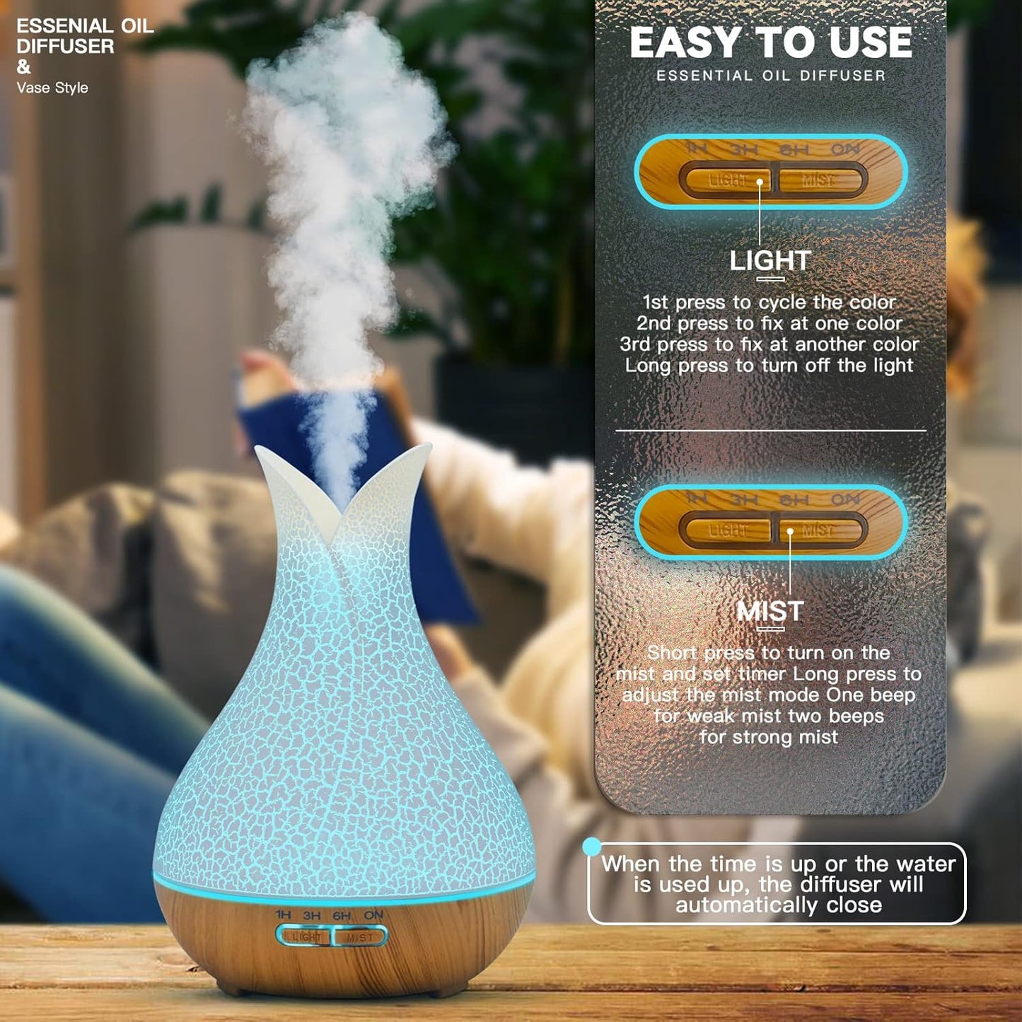 Essential Oil Diffuser for Room: Ultrasonic Aromatherapy Diffuser, 7 LED Light Colors 4 Timer and Auto-Off Switch - Essential Oil Diffusers for Home Bedroom(White)