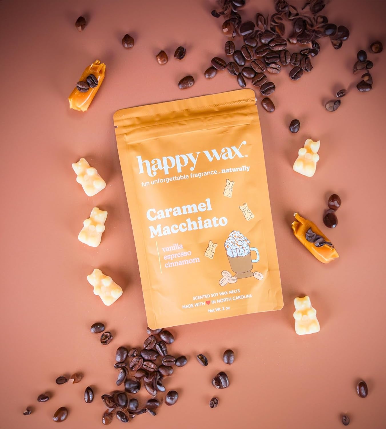 Caramel Macchiato Scented Bear Wax Melts - Natural Strong Scented Coffee Wax Melts Infused W/Essential Oils - Non Toxic Wax Melt & Pet Safe Wax Melts - (8 Oz Pouch)