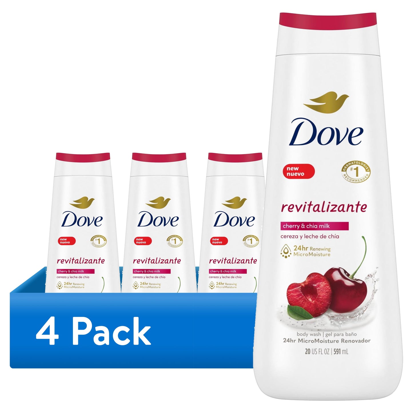 (4 Pack) PR Body Wash for Women Moisturizing Revitalize Cherry & Chia Milk Cleanser, 20 Oz