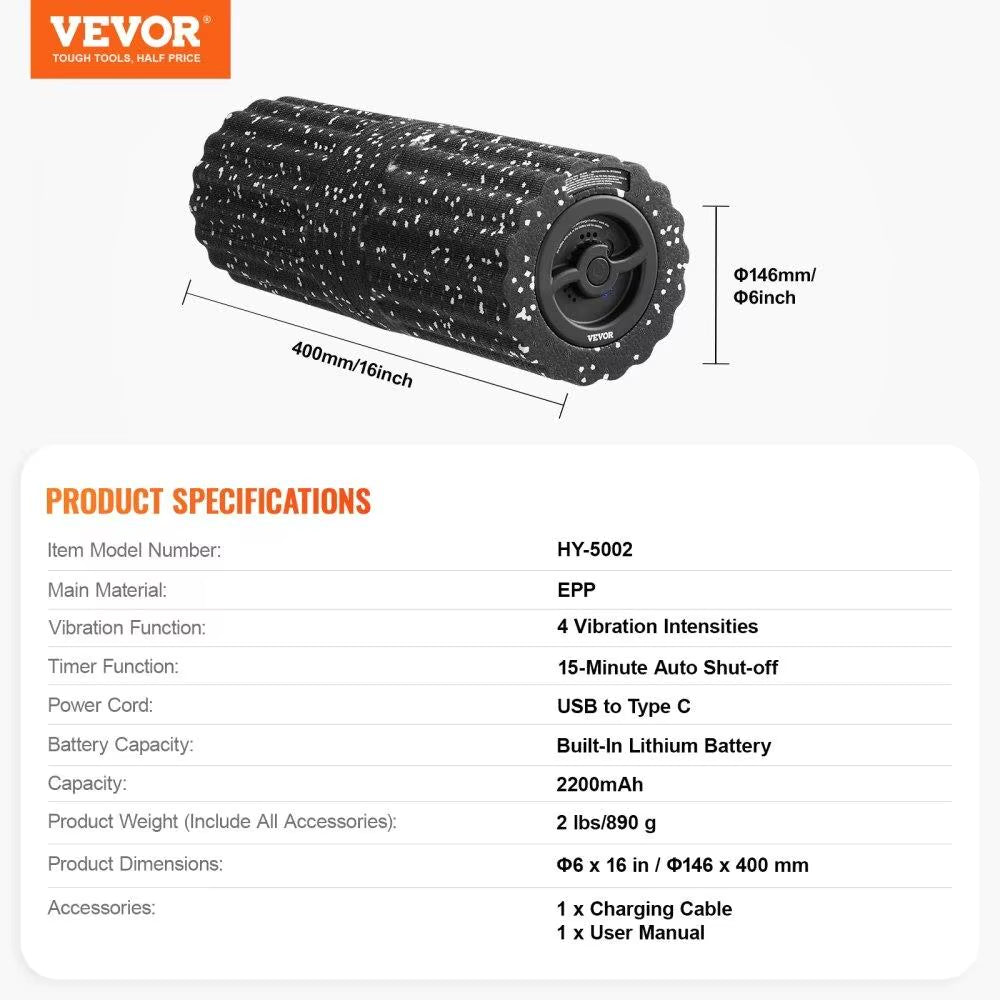 Vibrating Foam Roller 4 Levels Rechargeable Electric EPP Foam Massager