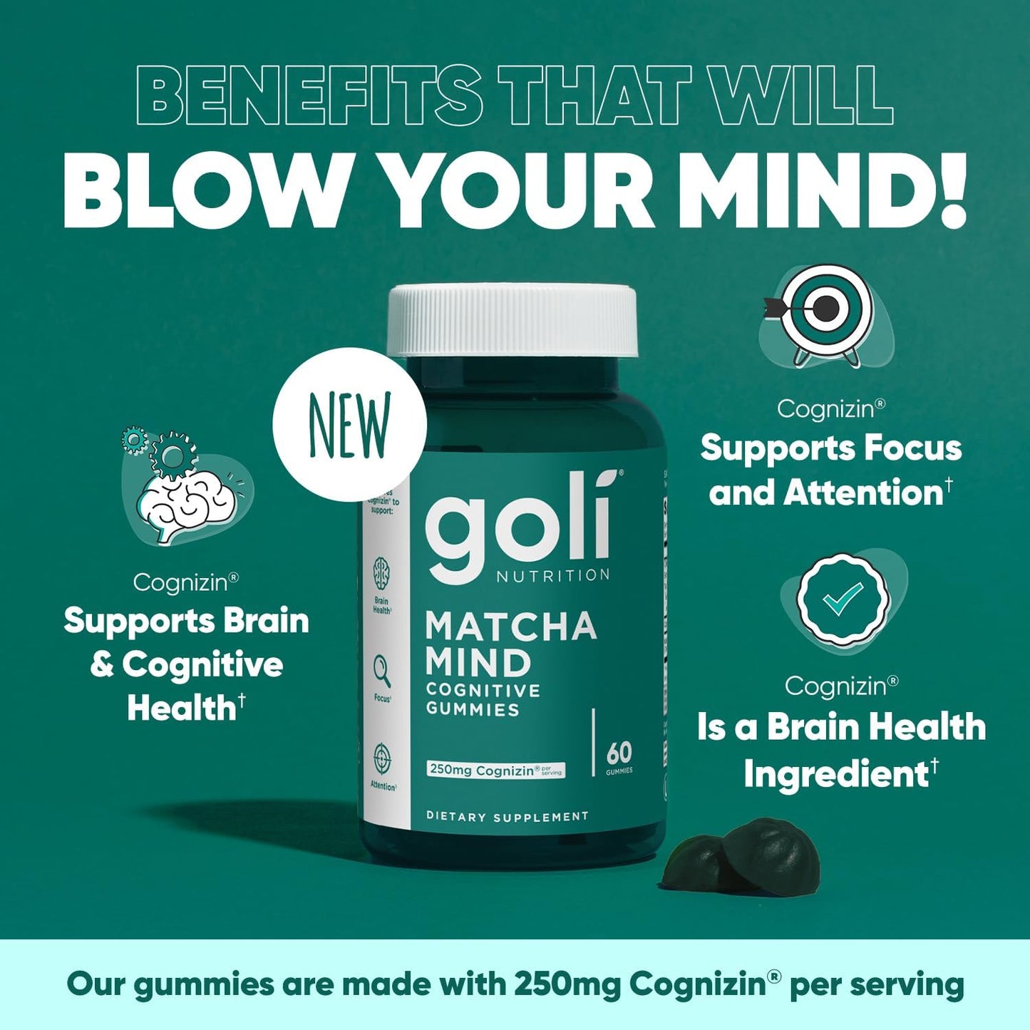 Matcha Mind Gummies - 60 Count - Green Tea Leaves Powder with Cognizin for Focus