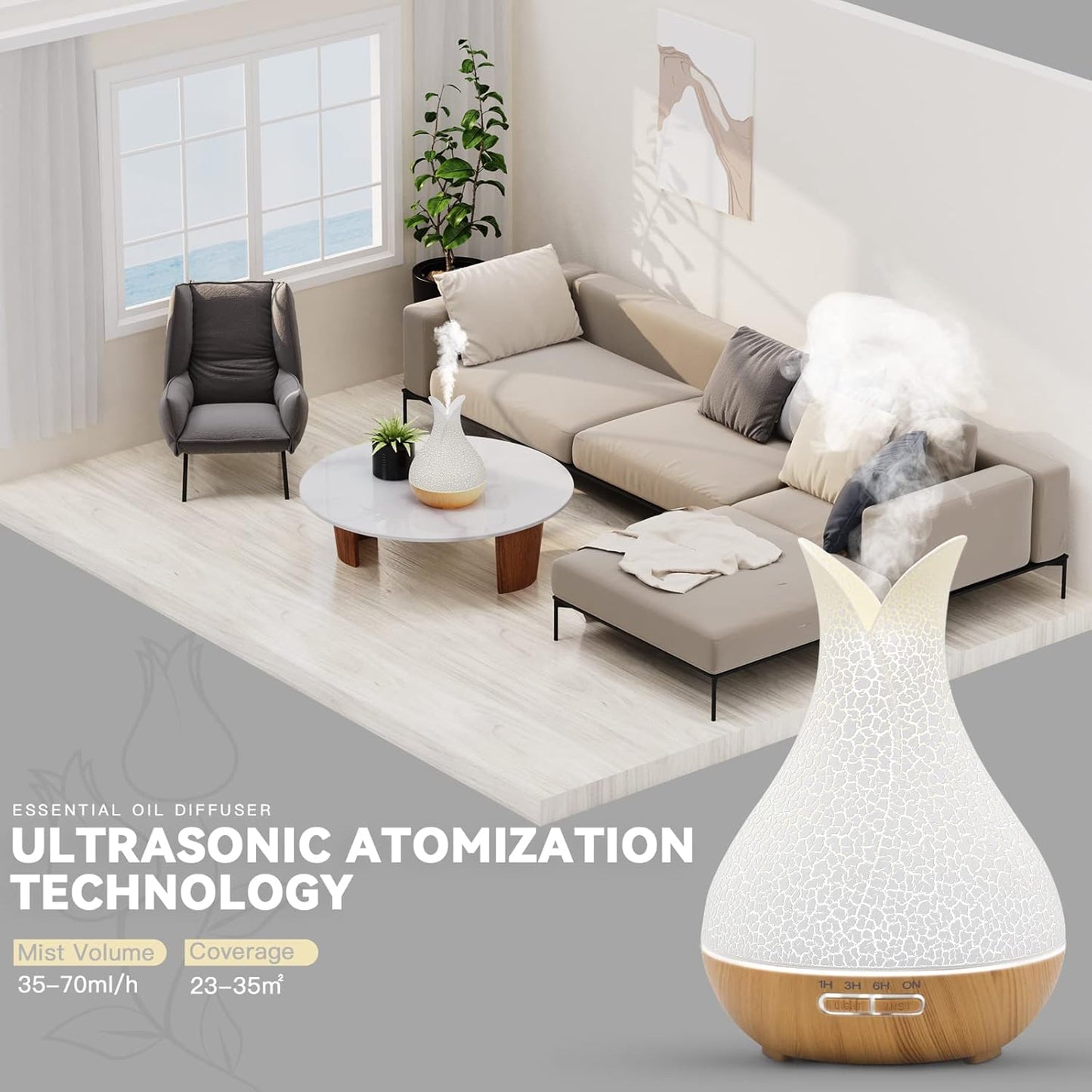 Essential Oil Diffuser for Room: Ultrasonic Aromatherapy Diffuser, 7 LED Light Colors 4 Timer and Auto-Off Switch - Essential Oil Diffusers for Home Bedroom(White)