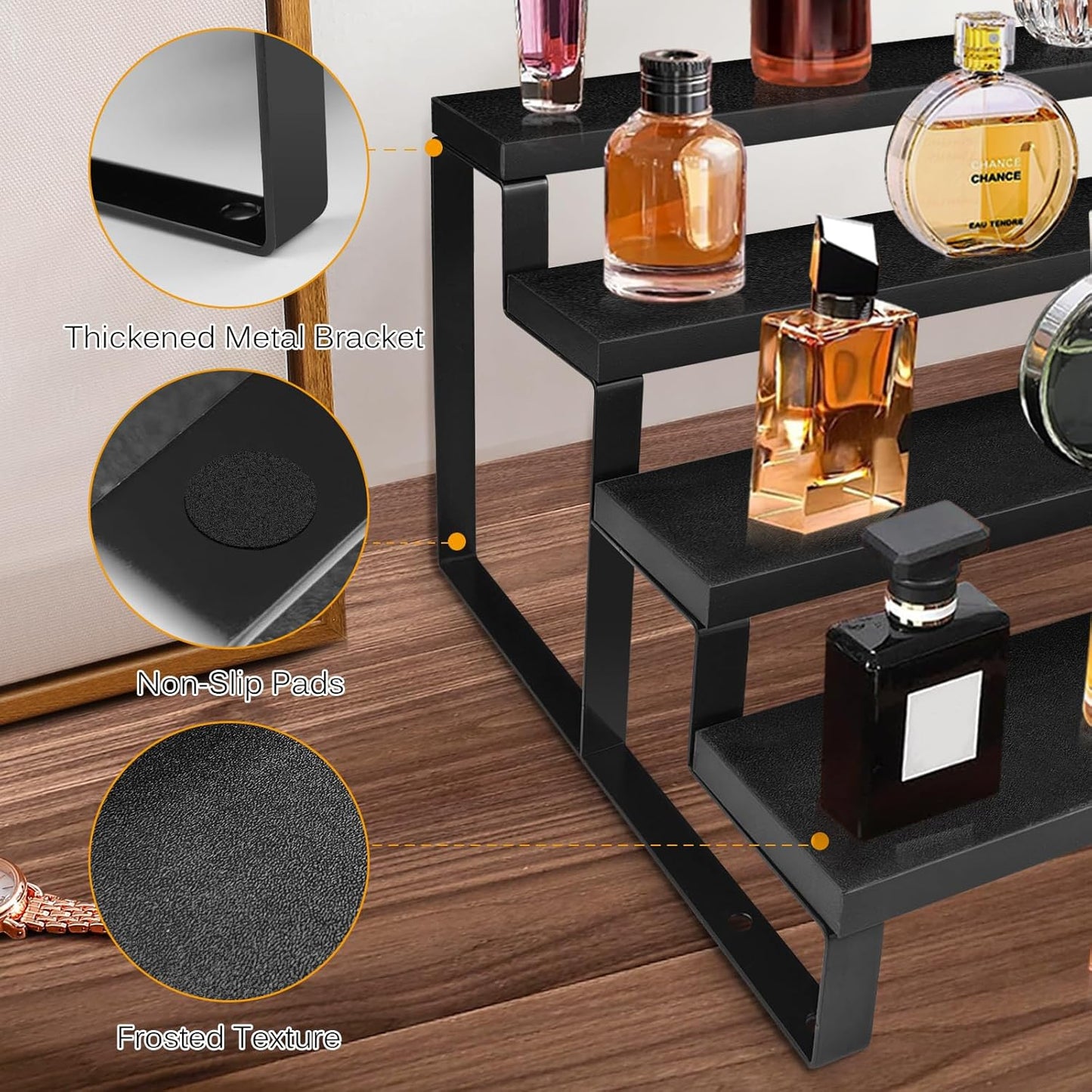 Wood Cologne Organizer for Men,12 Inch 4 Tier Cologne Stand Waterproof Perfume Organizer for Dresser with Anti-Slip Washers,Wooden Display Risers Stand for Party,Makeup,Figures,Cupcake,Perfume,Dessert