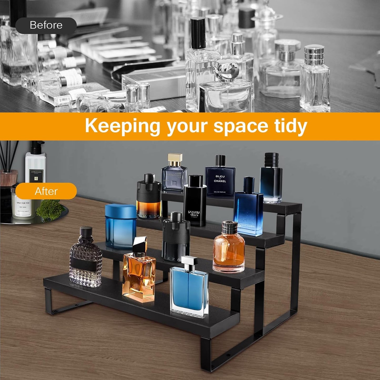 Wood Cologne Organizer for Men,12 Inch 4 Tier Cologne Stand Waterproof Perfume Organizer for Dresser with Anti-Slip Washers,Wooden Display Risers Stand for Party,Makeup,Figures,Cupcake,Perfume,Dessert
