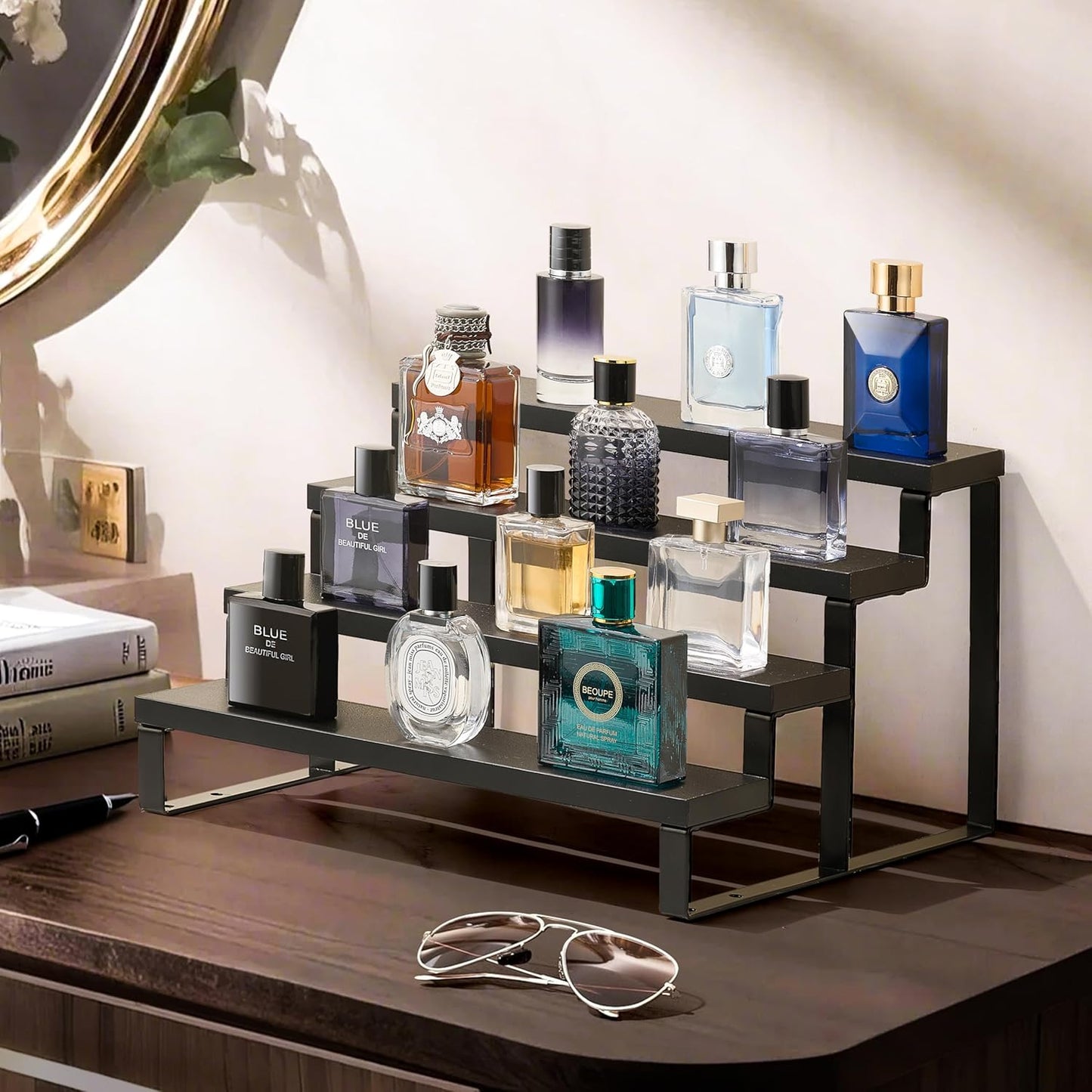 Wood Cologne Organizer for Men,12 Inch 4 Tier Cologne Stand Waterproof Perfume Organizer for Dresser with Anti-Slip Washers,Wooden Display Risers Stand for Party,Makeup,Figures,Cupcake,Perfume,Dessert
