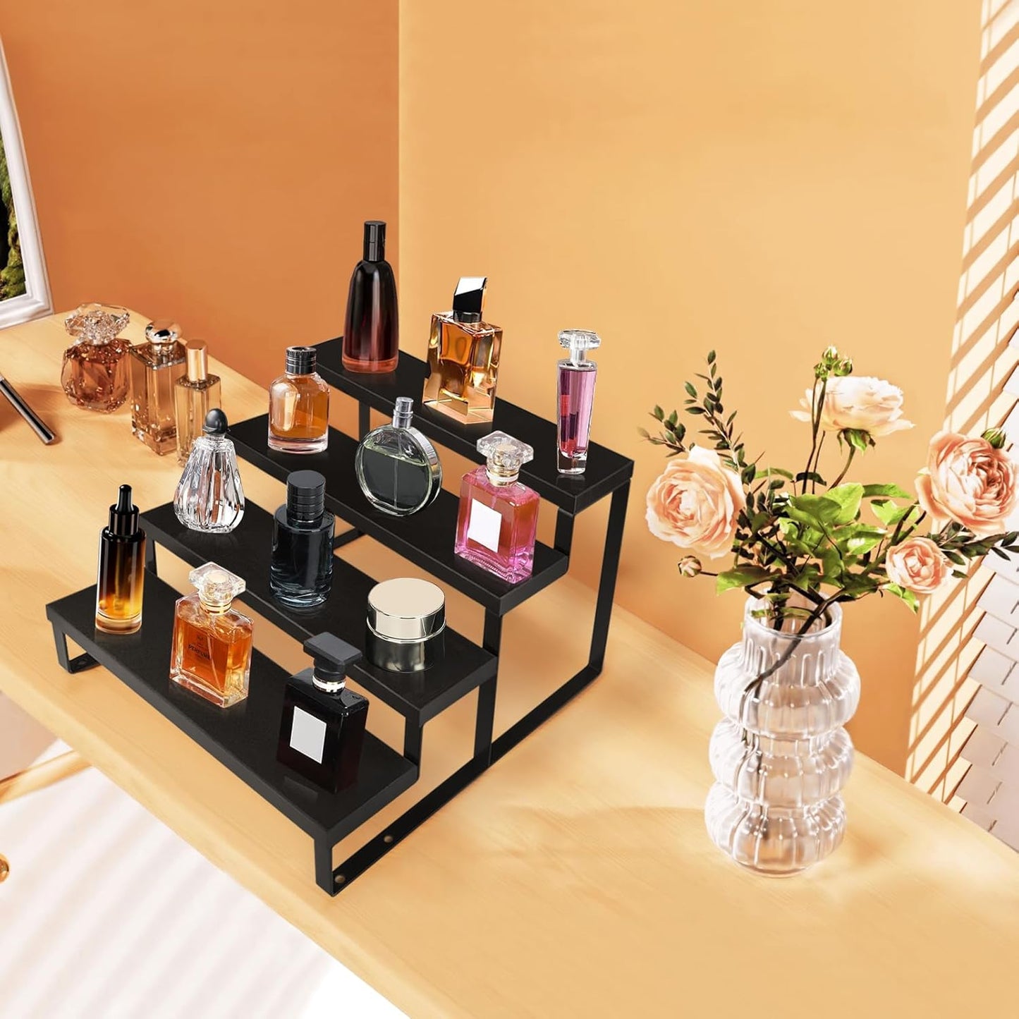 Wood Cologne Organizer for Men,12 Inch 4 Tier Cologne Stand Waterproof Perfume Organizer for Dresser with Anti-Slip Washers,Wooden Display Risers Stand for Party,Makeup,Figures,Cupcake,Perfume,Dessert
