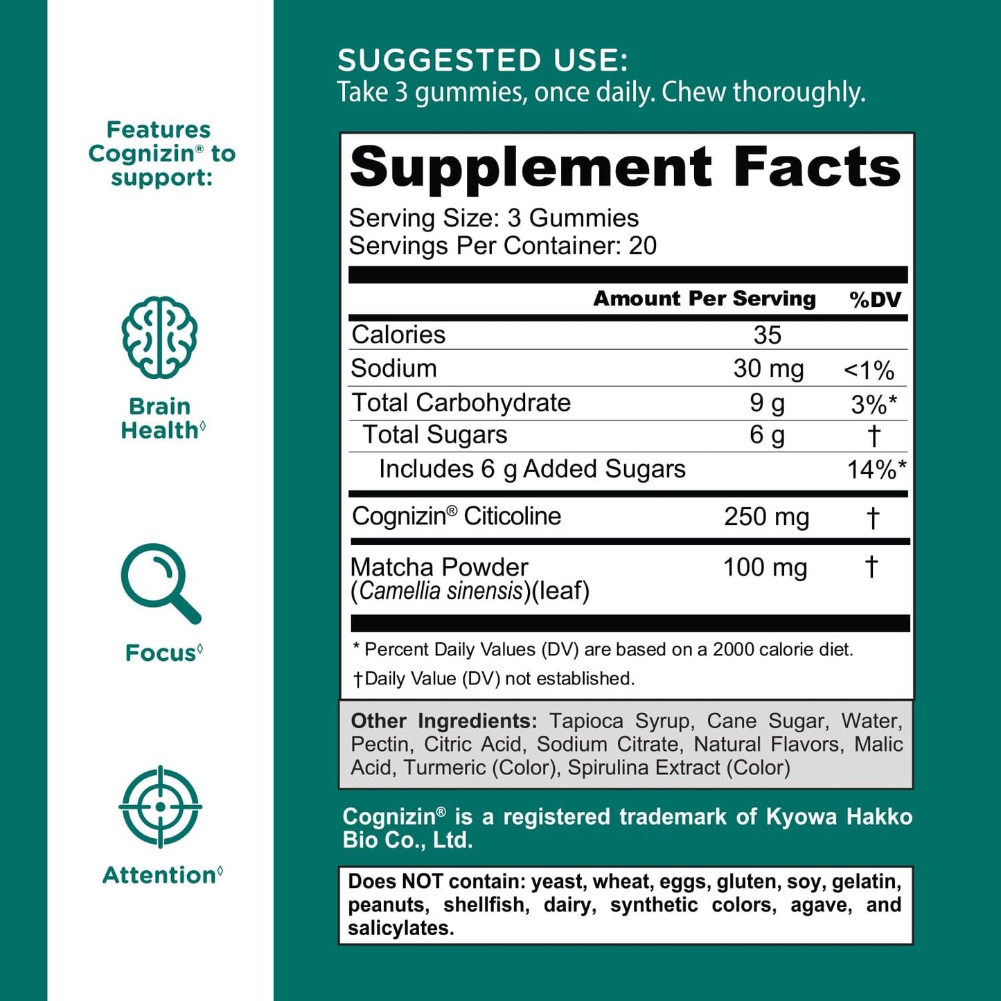 Matcha Mind Gummies - 60 Count - Green Tea Leaves Powder with Cognizin for Focus