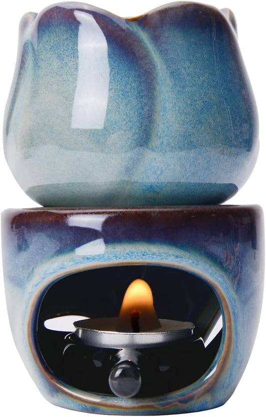 Ceramic Tealight Wax Warmer with Candle Spoon, Lotus Candle Warmer Candle Tealight Holder Fragrance Warmer for Home Bedroom Decor Christmas Housewarming Gift Dark Blue