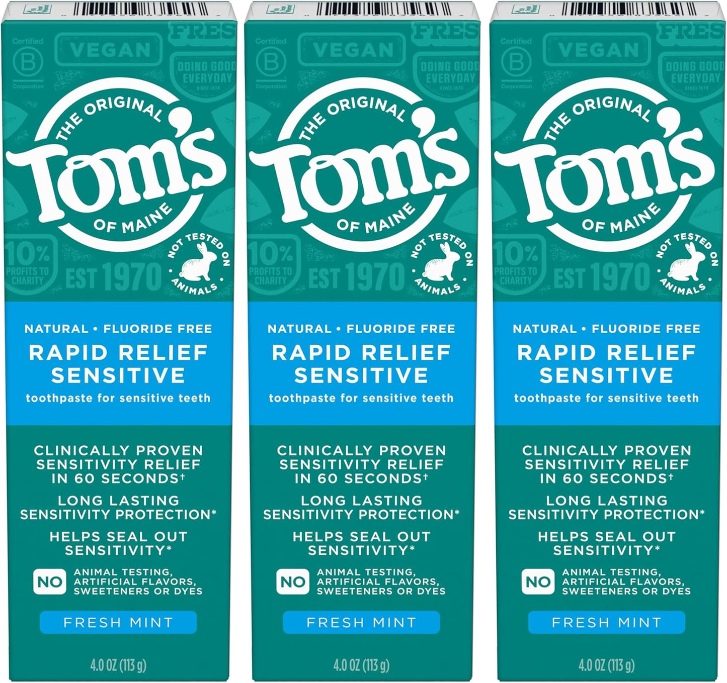Fluoride-Free Rapid Relief Sensitive Toothpaste, Fresh Mint, 4 Oz. 3-Pack (Packaging May Vary)