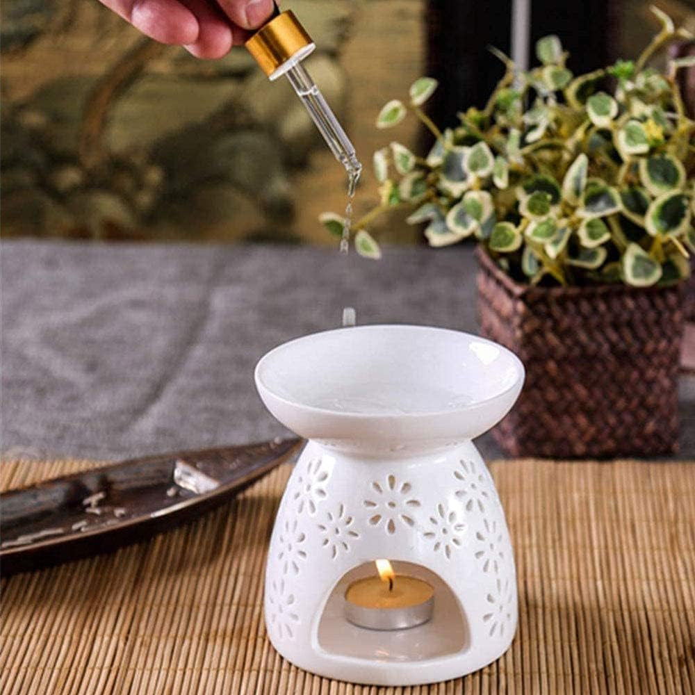 Ceramic Tea Light Holder, Aromatherapy Oil Burner, Wax Warmer, Tealight Holder with White Floral Pattern for Valentine'S Day Gift