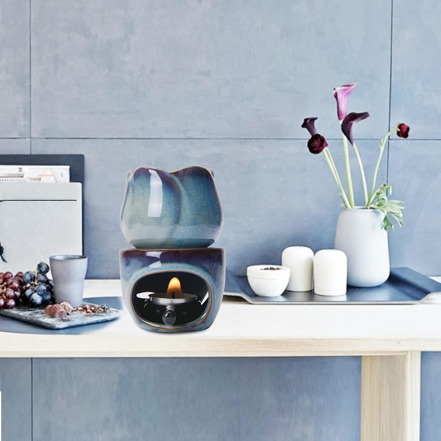 Ceramic Tealight Wax Warmer with Candle Spoon, Lotus Candle Warmer Candle Tealight Holder Fragrance Warmer for Home Bedroom Decor Christmas Housewarming Gift Dark Blue