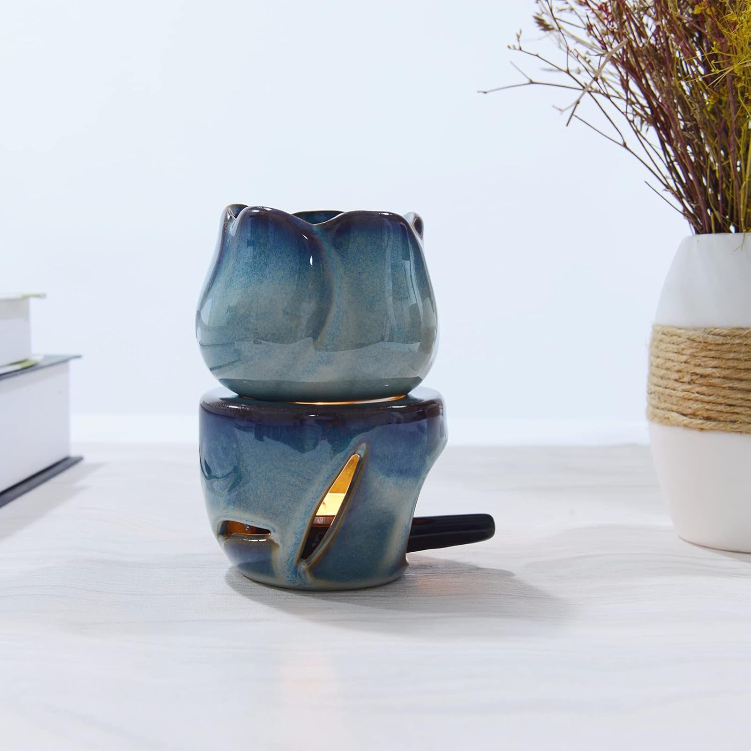 Ceramic Tealight Wax Warmer with Candle Spoon, Lotus Candle Warmer Candle Tealight Holder Fragrance Warmer for Home Bedroom Decor Christmas Housewarming Gift Dark Blue
