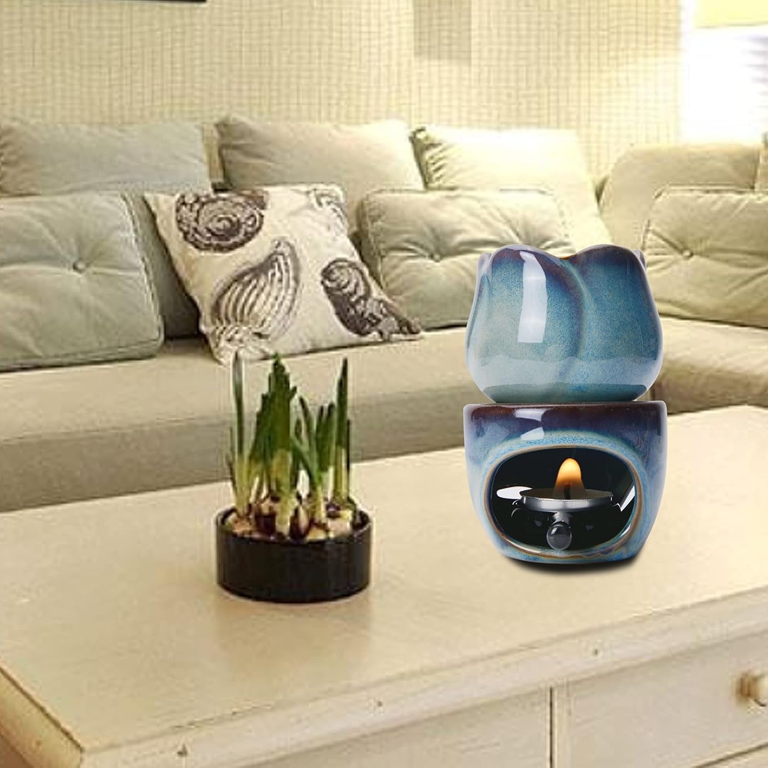 Ceramic Tealight Wax Warmer with Candle Spoon, Lotus Candle Warmer Candle Tealight Holder Fragrance Warmer for Home Bedroom Decor Christmas Housewarming Gift Dark Blue