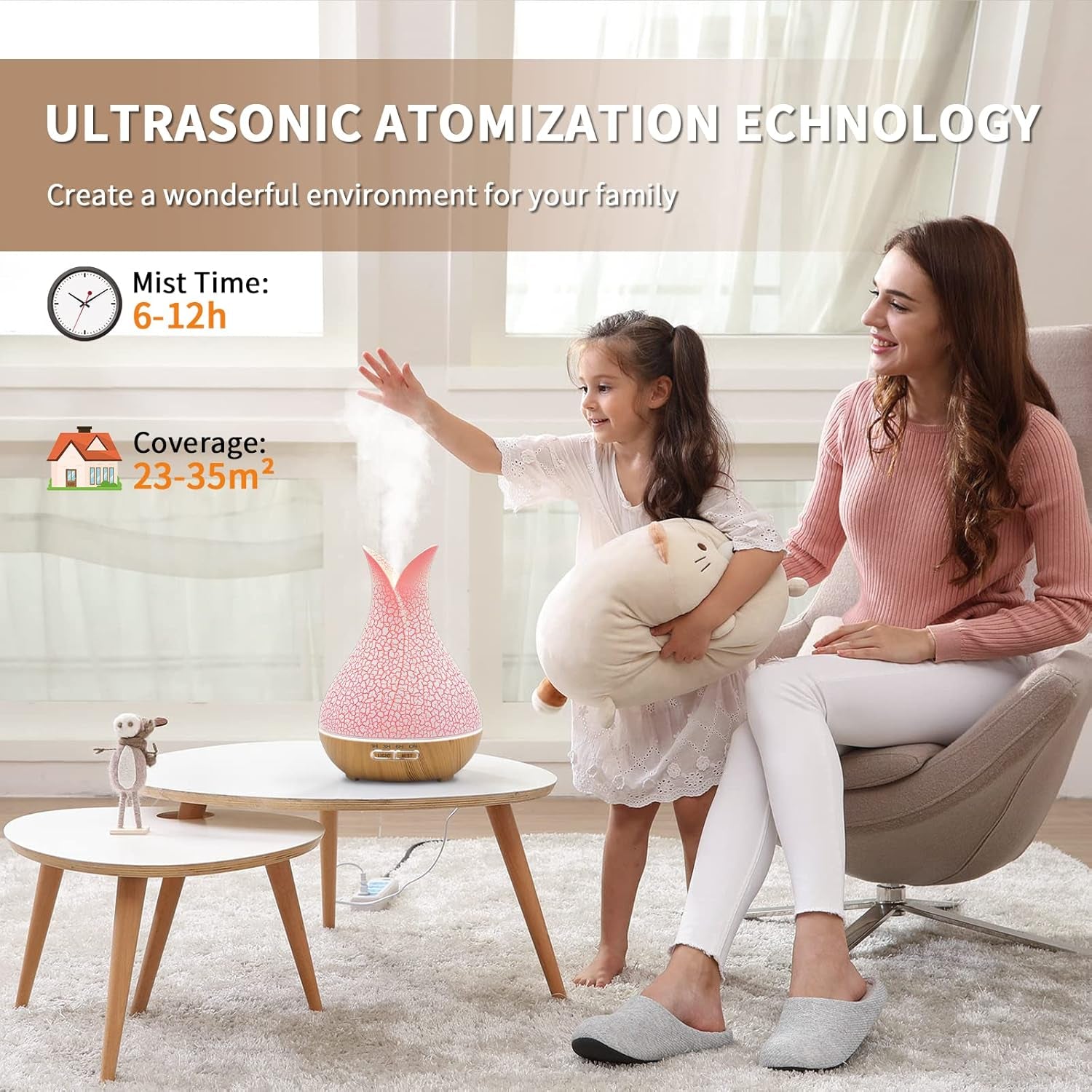 Essential Oil Diffuser for Room: Ultrasonic Aromatherapy Diffuser, 7 LED Light Colors 4 Timer and Auto-Off Switch - Essential Oil Diffusers for Home Bedroom(White)